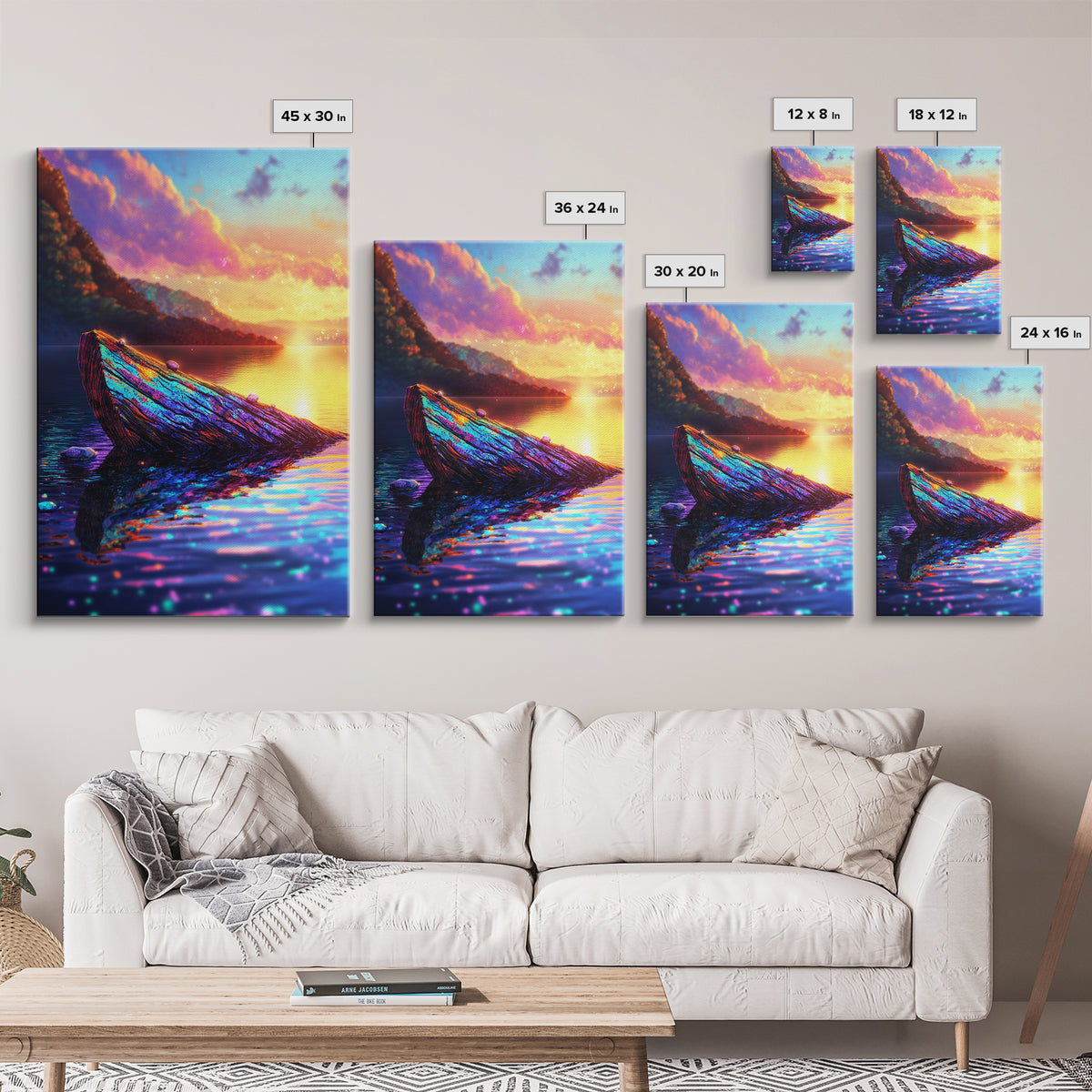Iridescent Driftwood Boat On Mountain Lake Canvas Print, Sunset Landscape Art, Coastal Wall Decor, Colorful Nature Print