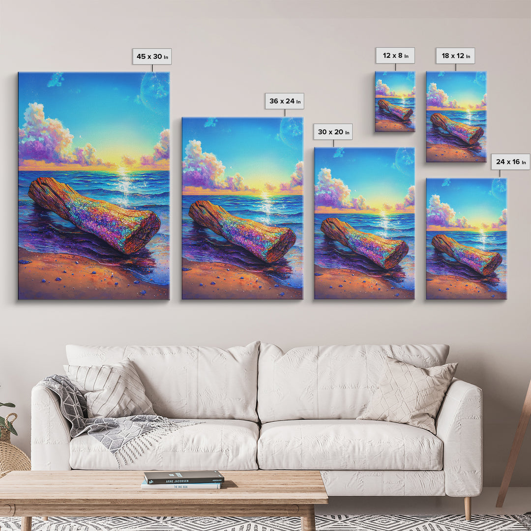 Rainbow Driftwood Log On Sunny Ocean Beach Canvas Print, Coastal Wall Art, Seascape Decor, Beach House Art, Large Wall Decor
