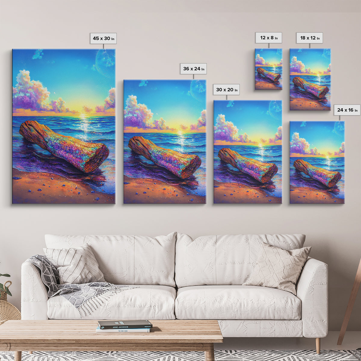 Rainbow Driftwood Log On Sunny Ocean Beach Canvas Print, Coastal Wall Art, Seascape Decor, Beach House Art, Large Wall Decor