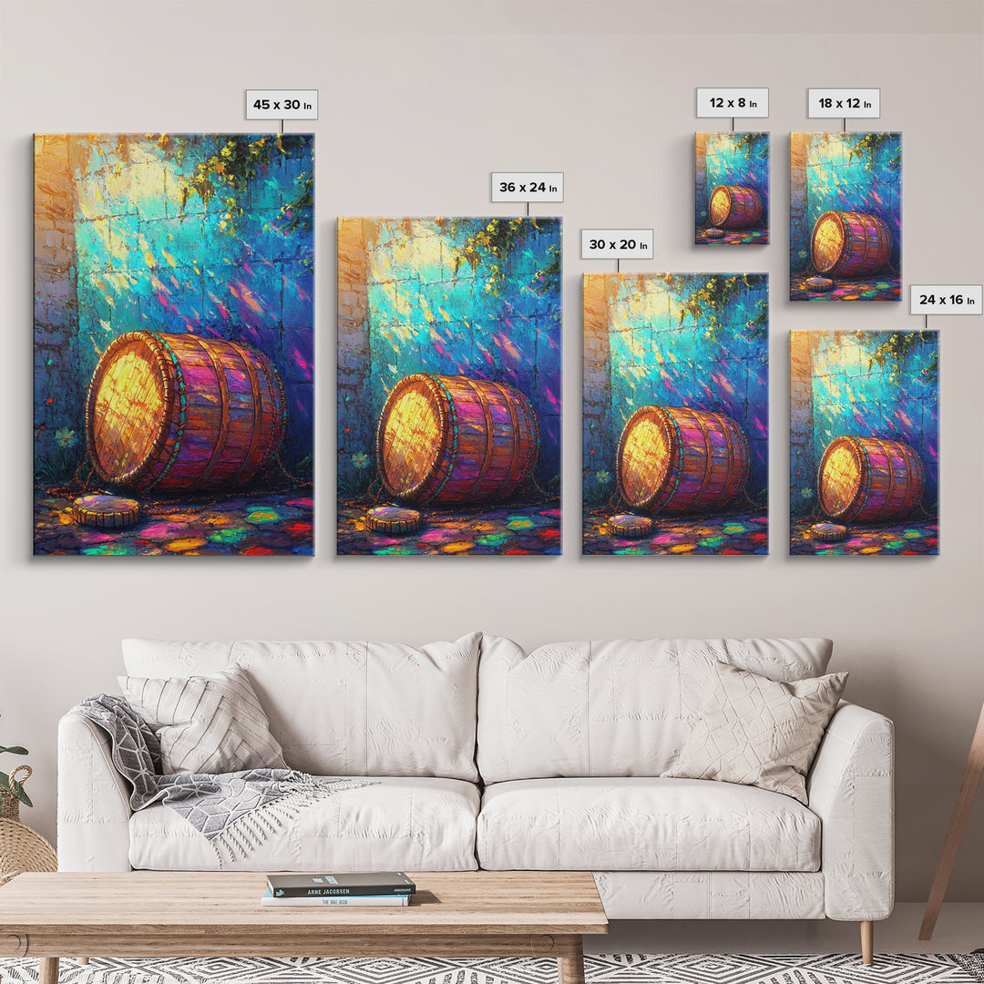 Sunlit Wooden Barrel Against Turquoise Wall Canvas Print, Rustic Kitchen Wall Art, Farmhouse Decor, Colorful Courtyard Print