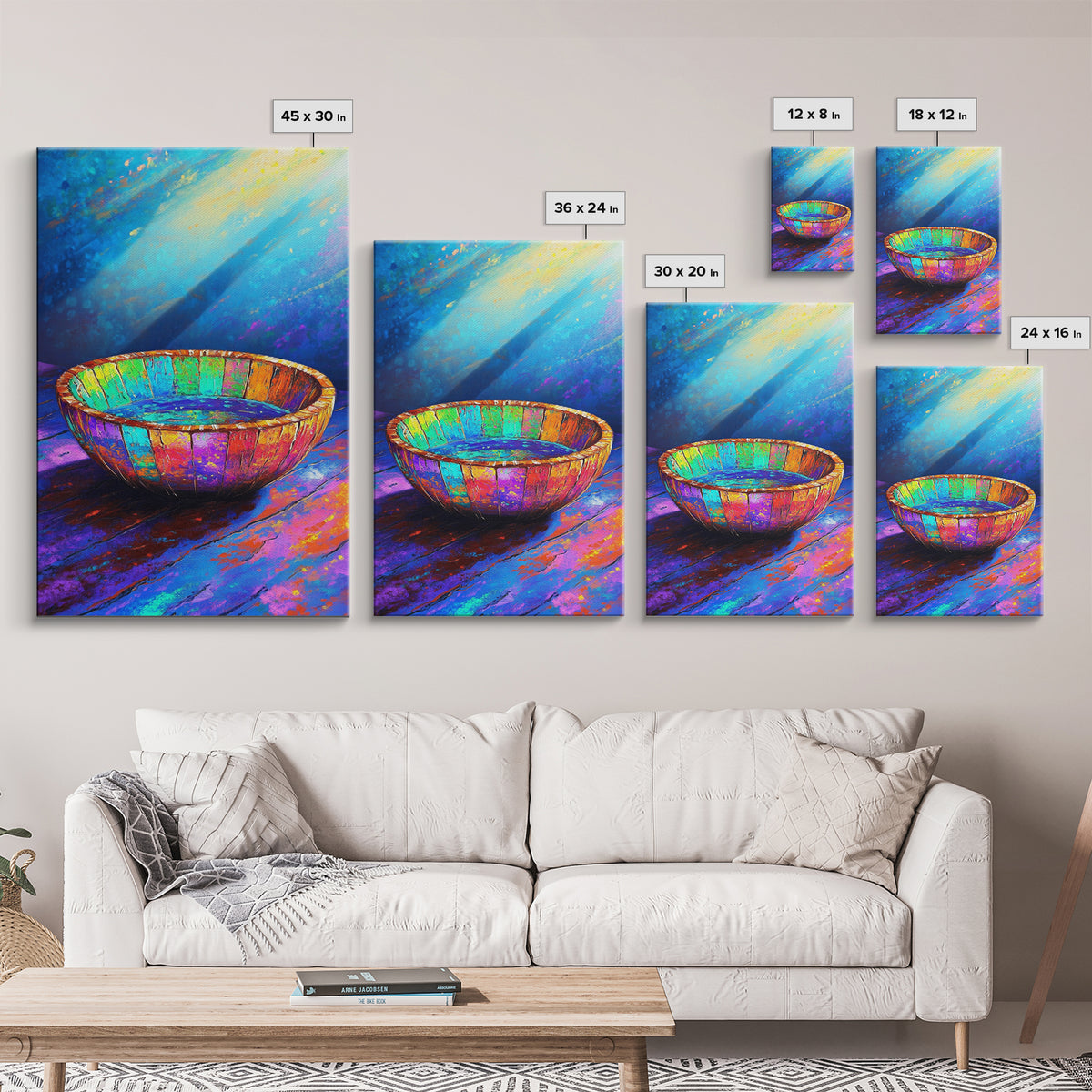 Rustic Rainbow Wooden Bowl Canvas Print, Colorful Kitchen Wall Art, Modern Farmhouse Decor, Wabi Sabi Art, Housewarming Gift