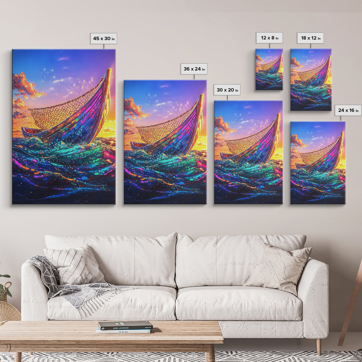 Glowing Fishing Boat At Sunset Framed Canvas Print, Ocean Wall Art, Coastal Decor, Nautical Seascape, Beach House Living Room Decor Gift