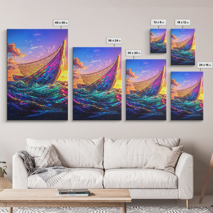 Glowing Fishing Boat At Sunset Framed Canvas Print, Ocean Wall Art, Coastal Decor, Nautical Seascape, Beach House Living Room Decor Gift