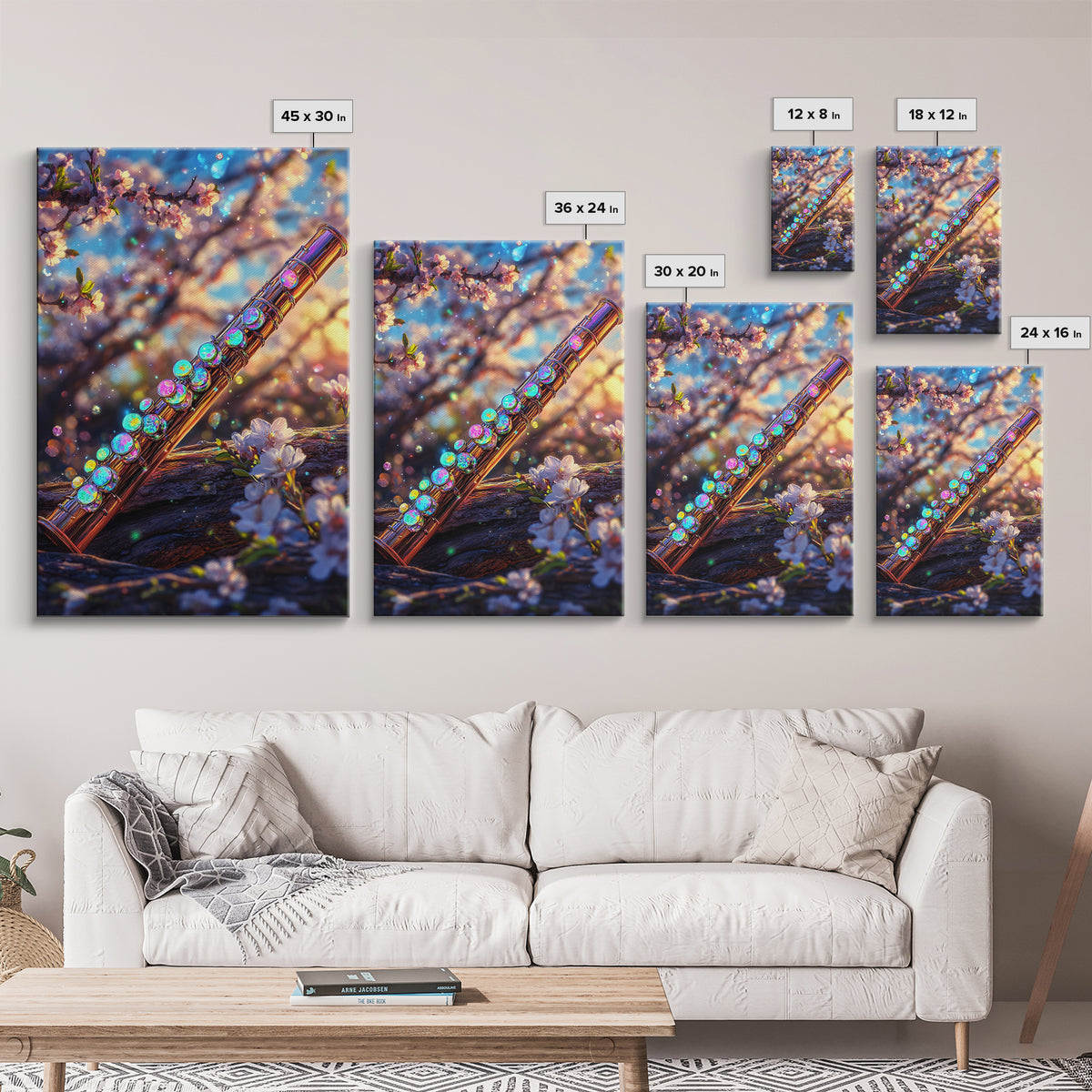 Jeweled Flute With Cherry Blossoms Canvas Print, Music Wall Art, Japanese Floral Spring Decor, Elegant Music Room Wall Decor