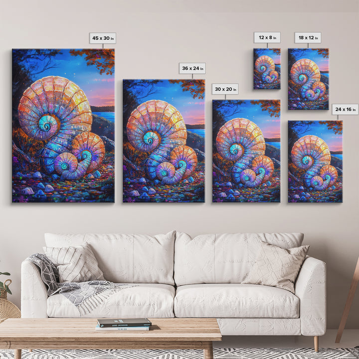 Glowing Nautilus Shells By Twilight Lake Framed Canvas Print, Coastal Wall Art, Seashell Decor, Beach House Gift, Ocean Wall Decor