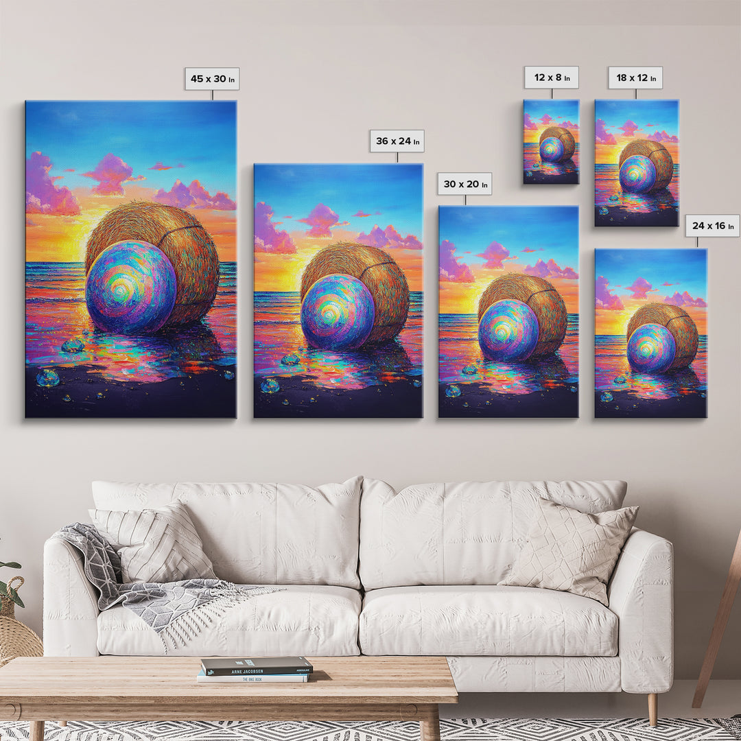 Rainbow Shell And Hay Bale On Beach Canvas Print, Coastal Wall Art, Ocean Sunset Seascape Decor, Beach House Home Decor Gift