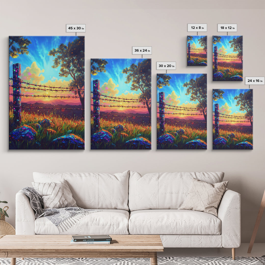 Barbed Wire Fence At Sunset Meadow Canvas Print, Rustic Western Wall Art, Farmhouse Decor, Country Landscape Housewarming Gift