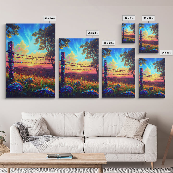 Barbed Wire Fence At Sunset Meadow Canvas Print, Rustic Western Wall Art, Farmhouse Decor, Country Landscape Housewarming Gift