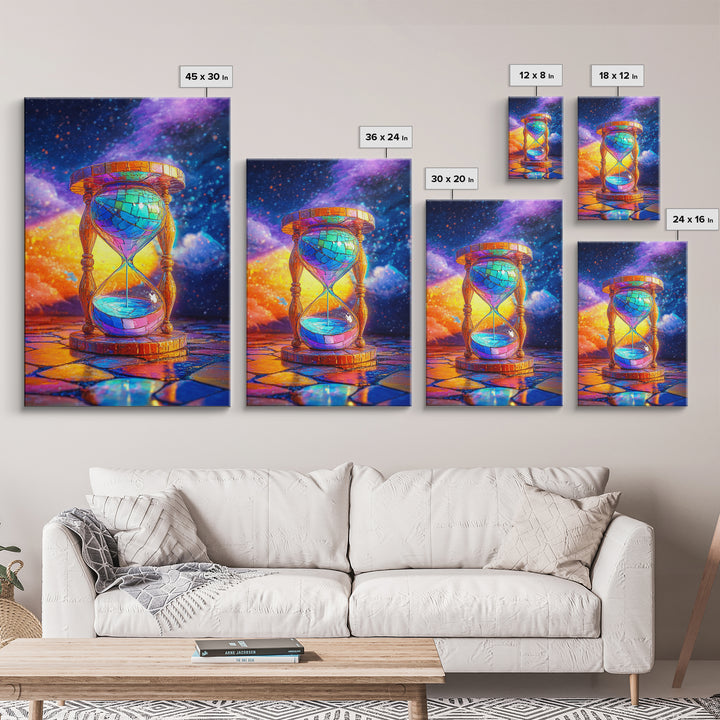 Cosmic Stained Glass Hourglass Canvas Print, Surreal Celestial Wall Art For Office Decor, Modern Home Decor Living Room Gift