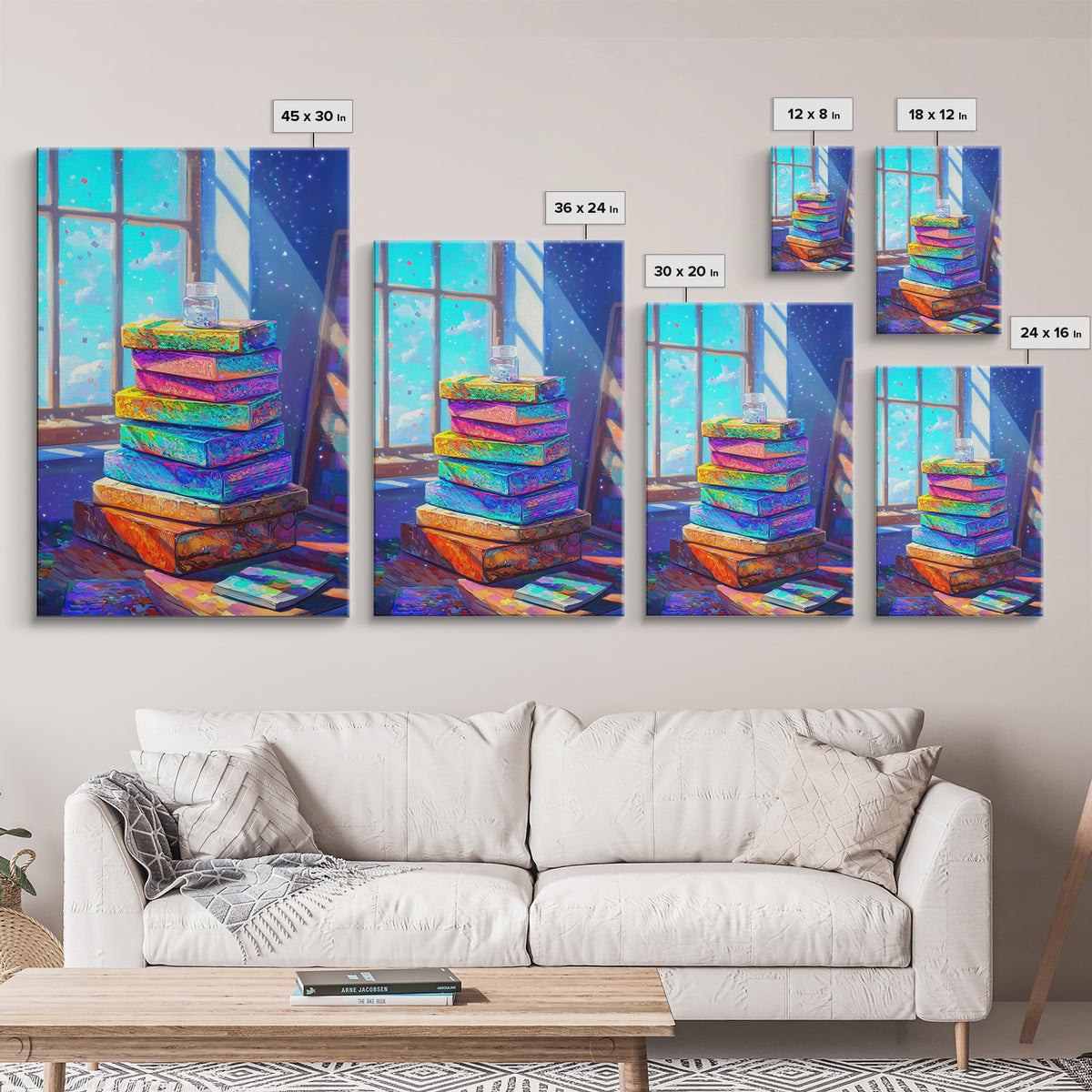 Rainbow Stack Of Books By Sunny Window Canvas Print, Cozy Bookstore Wall Art For Library Decor And Reading Nook Home Decor Gift