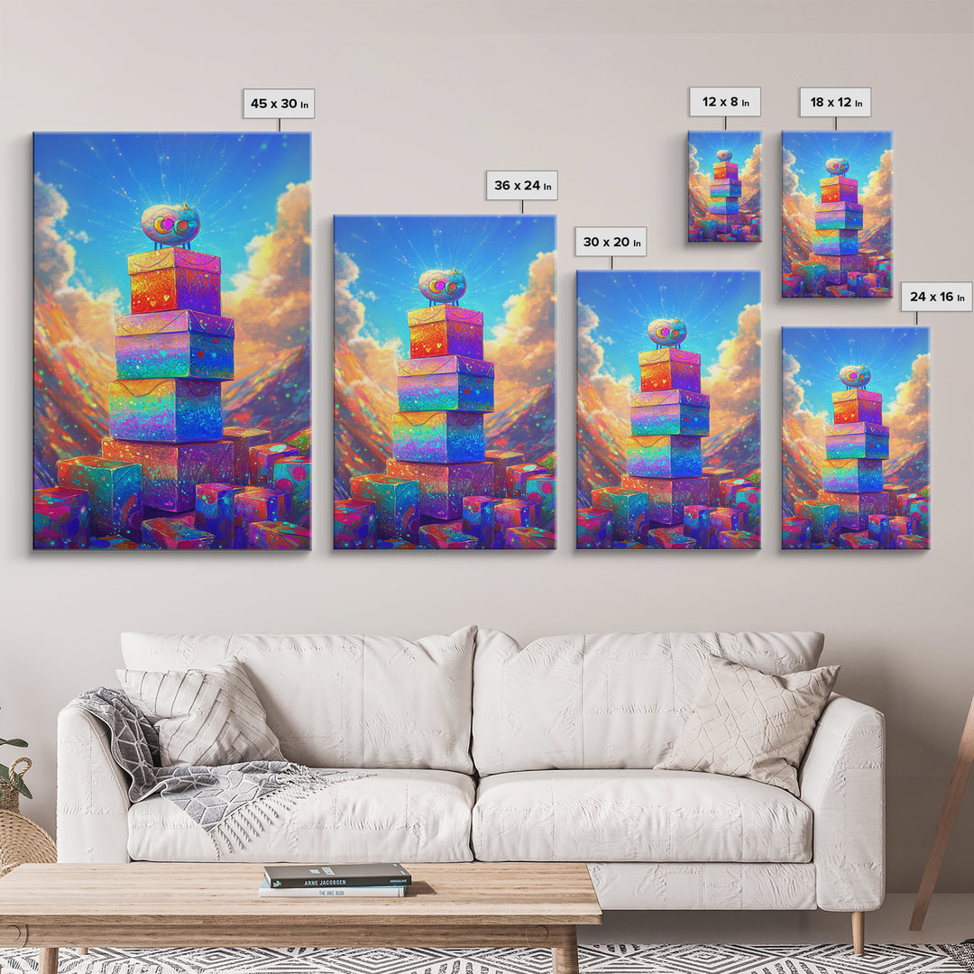 Sparkling Rainbow Gift Boxes In Mountain Sky Canvas Print, Whimsical Wall Art For Kids Room Nursery Decor And Birthday Gift