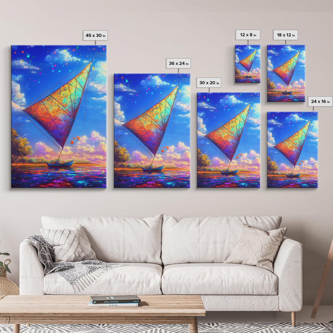 Rainbow Sailboat On Sparkling Water Wall Art, Coastal Canvas Print, Nautical Decor, Ocean Art, Beach House Gift, Home Decor