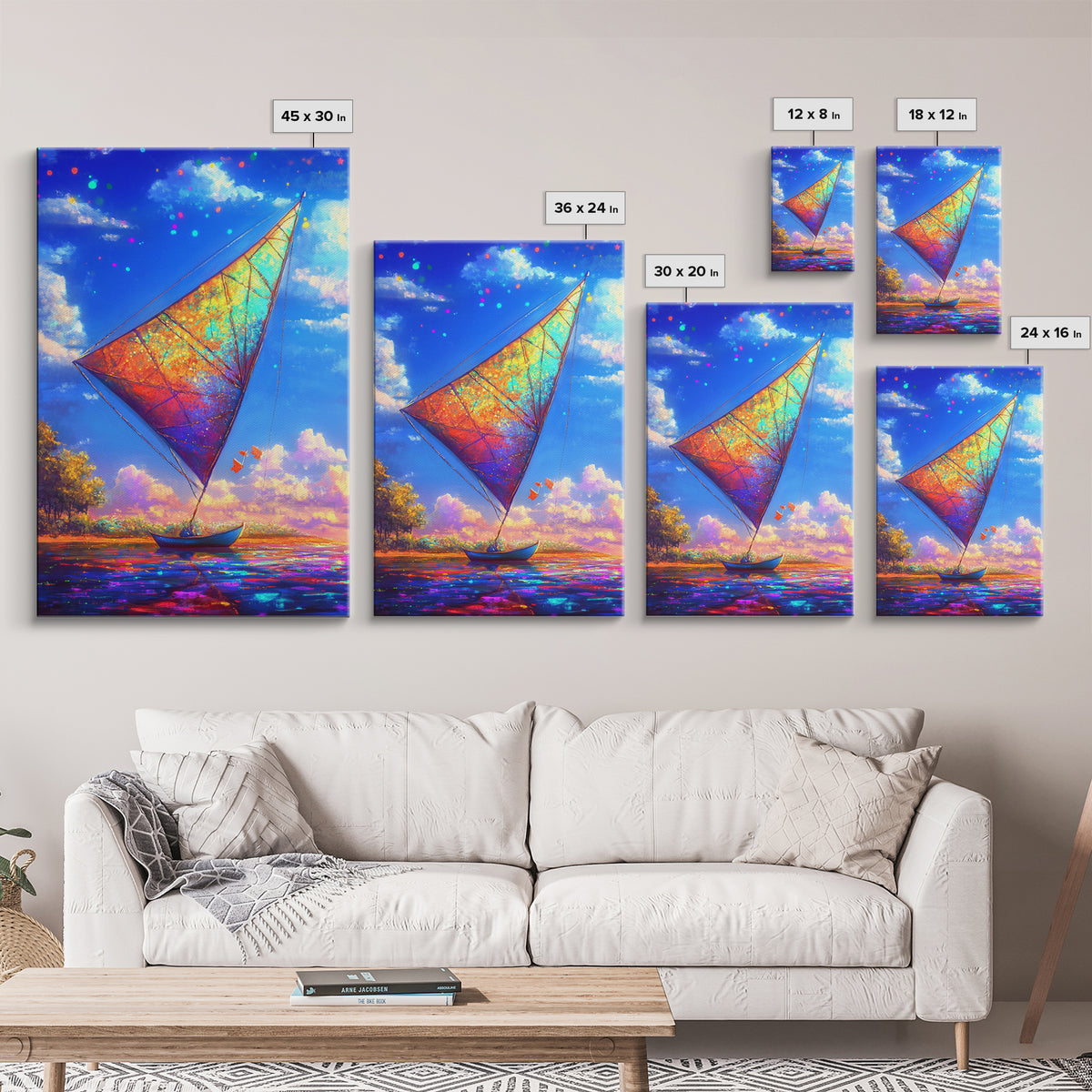 Rainbow Sailboat On Sparkling Water Wall Art, Coastal Canvas Print, Nautical Decor, Ocean Art, Beach House Gift, Home Decor