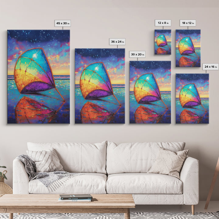 Rainbow Beach Sail At Twilight Canvas Print, Coastal Wall Art, Ocean Seascape Decor, Nautical Beach House Gift, Home Decor