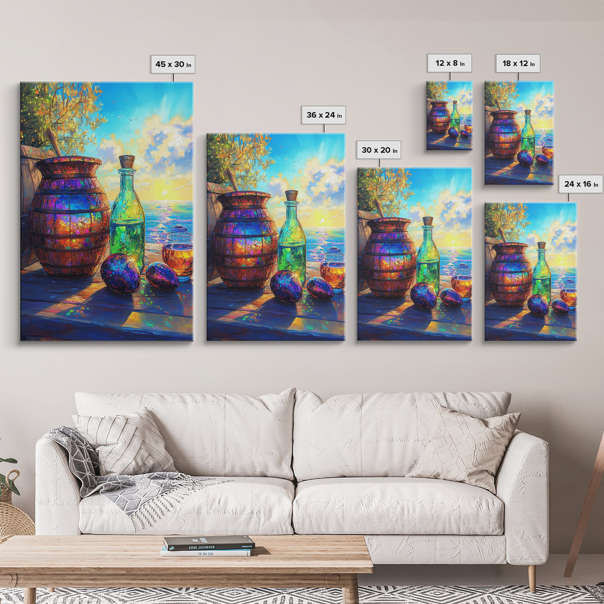 Coastal Bottle Vase And Figs Framed Canvas Print, Mediterranean Kitchen Wall Art, Wine Decor, Beach House Decor, Fine Art Print
