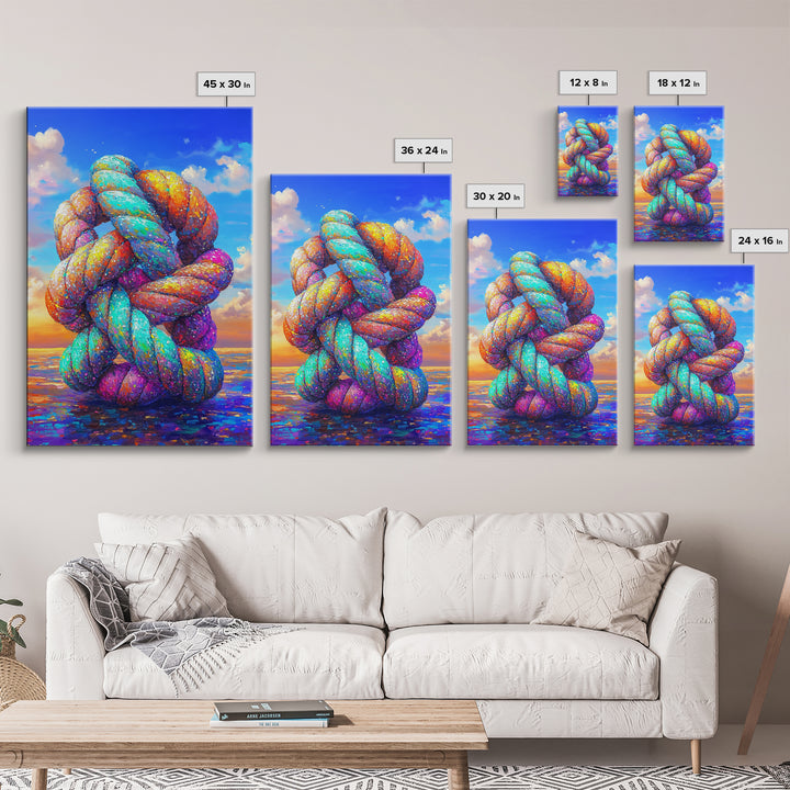 Rainbow Twisted Knot Sculpture In Ocean Framed Canvas Print, Colorful Abstract Art, Modern Wall Art, Statement Home Decor
