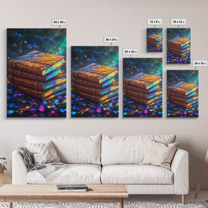 Glowing Antique Books Stack Canvas Print, Bookish Wall Art, Cozy Library Decor, Dark Academia Gift For Book Lover, Home Decor