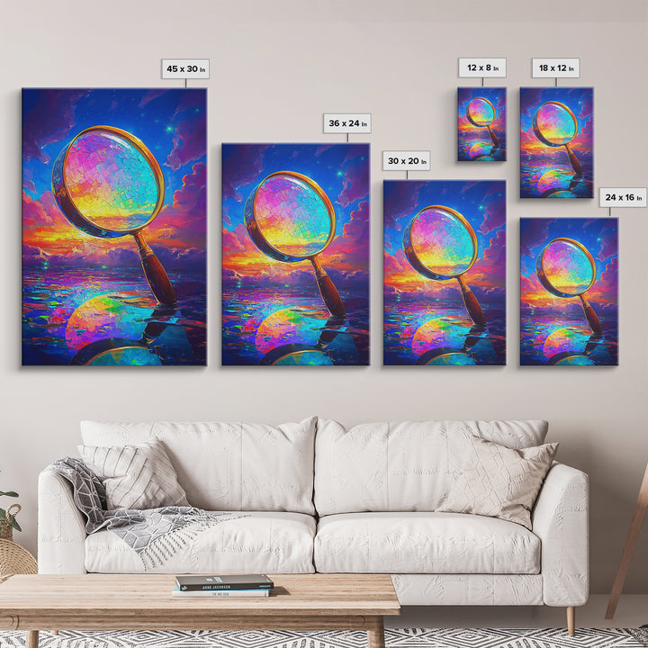 Rainbow Magnifying Glass At Sunset Canvas Print, Surreal Ocean Wall Art, Coastal Seascape Decor, Unique Office Art Gift For Him
