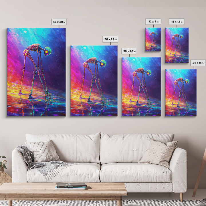 Neon Rainbow Skeleton Walker Framed Canvas Print, Surreal Dark Art, Gothic Wall Decor, Dystopian Sci Fi Artwork Gift For Him