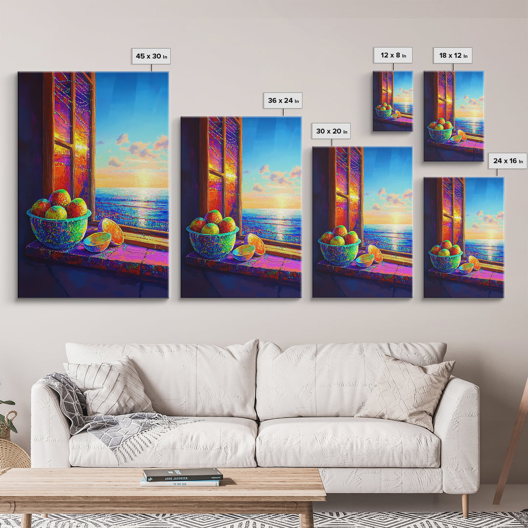 Sunlit Oranges By Ocean Window Canvas Print, Coastal Kitchen Wall Art, Beach House Decor, Vibrant Fruit Still Life Gift For Her