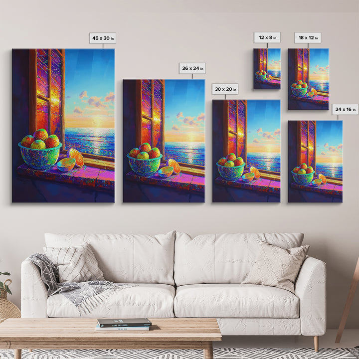 Sunlit Oranges By Ocean Window Canvas Print, Coastal Kitchen Wall Art, Beach House Decor, Vibrant Fruit Still Life Gift For Her