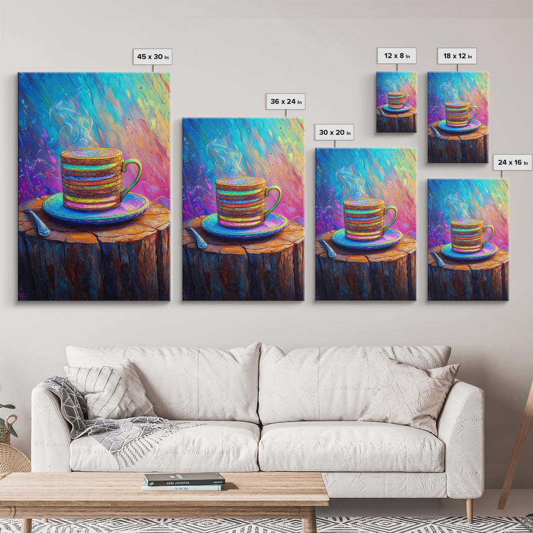 Steaming Rainbow Coffee Cup On Rustic Stump Canvas Print, Cozy Kitchen Wall Art, Coffee Bar Decor, Gift For Coffee Lover
