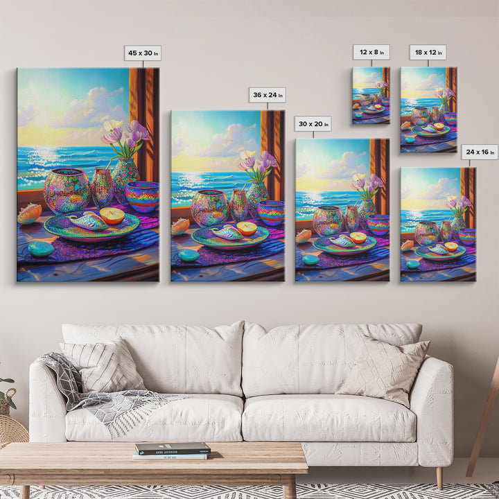 Seaside Shells And Flowers On Sunny Table Canvas Print, Coastal Kitchen Wall Art, Beach House Decor, Ocean Home Decor Gift