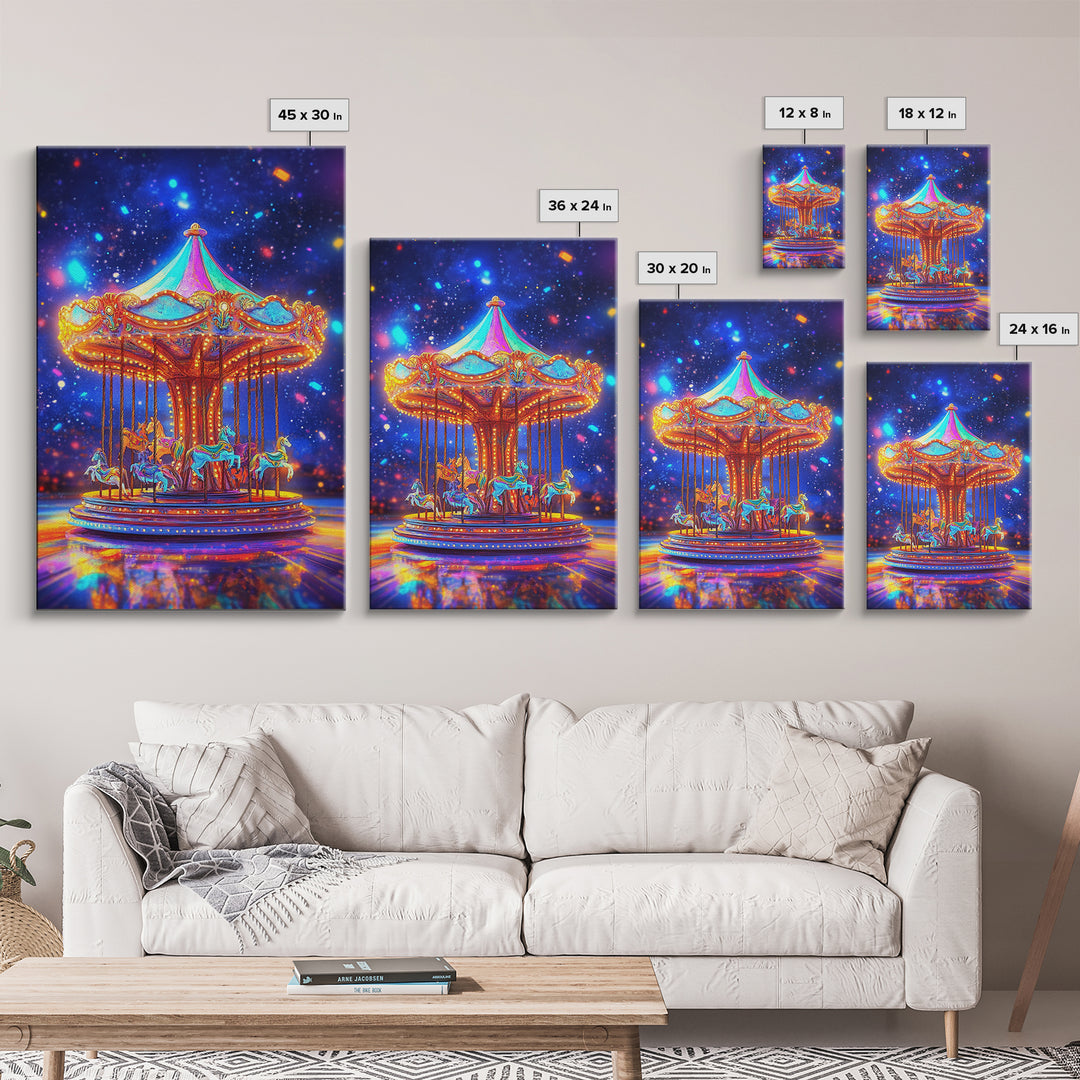 Glowing Carousel Horses Under Starry Sky Canvas Print, Whimsical Wall Art, Nursery Decor, Fantasy Art, Kids Room Decor Gift