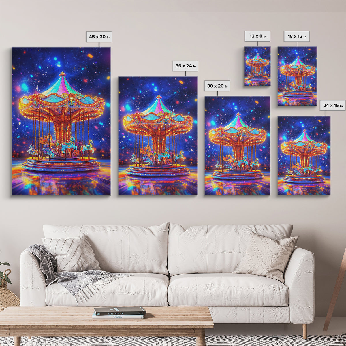 Glowing Carousel Horses Under Starry Sky Canvas Print, Whimsical Wall Art, Nursery Decor, Fantasy Art, Kids Room Decor Gift