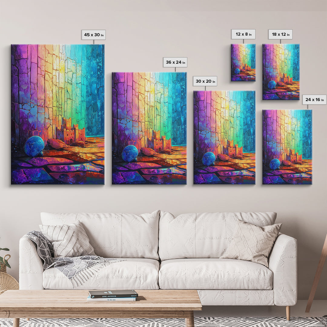 Tiny Castle And Blue Ball In Rainbow Light Framed Canvas Print, Abstract Wall Art, Colorful Decor, Whimsical Fantasy Gift