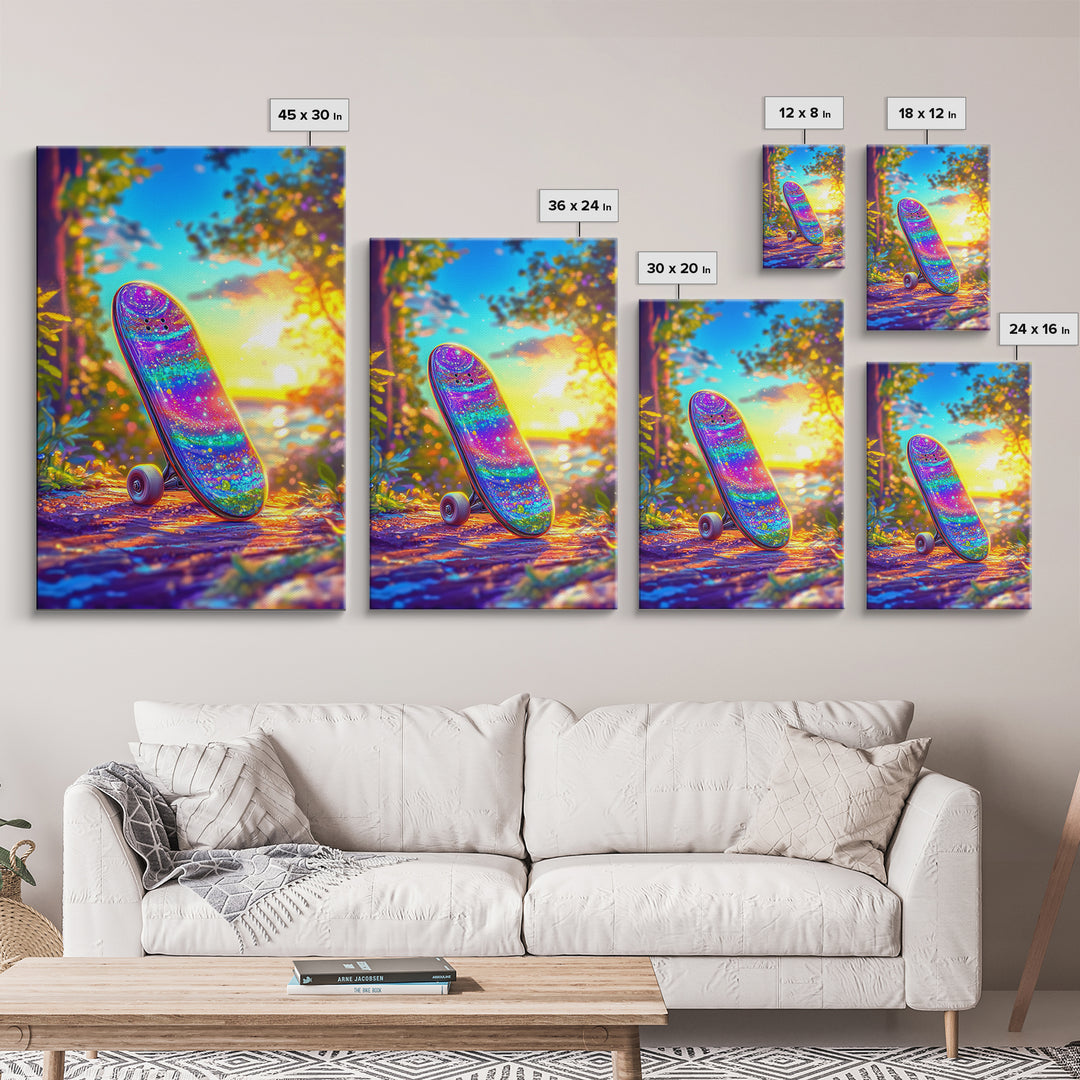 Rainbow Glitter Skateboard At Golden Sunset Wall Art, Canvas Print, Colorful Teen Room Decor, Skateboard Poster, Unique Gift