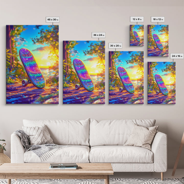 Rainbow Glitter Skateboard At Golden Sunset Wall Art, Canvas Print, Colorful Teen Room Decor, Skateboard Poster, Unique Gift