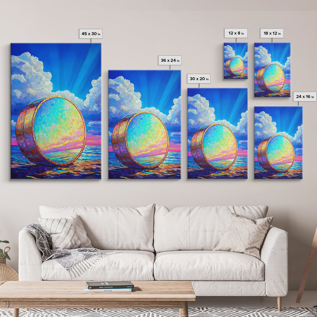 Iridescent Ocean Drum Under Blue Sky Canvas Print, Coastal Wall Art, Music Room Decor, Seascape Art Print, Colorful Gift