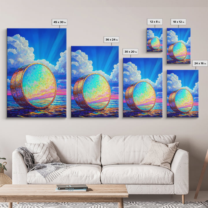 Iridescent Ocean Drum Under Blue Sky Canvas Print, Coastal Wall Art, Music Room Decor, Seascape Art Print, Colorful Gift
