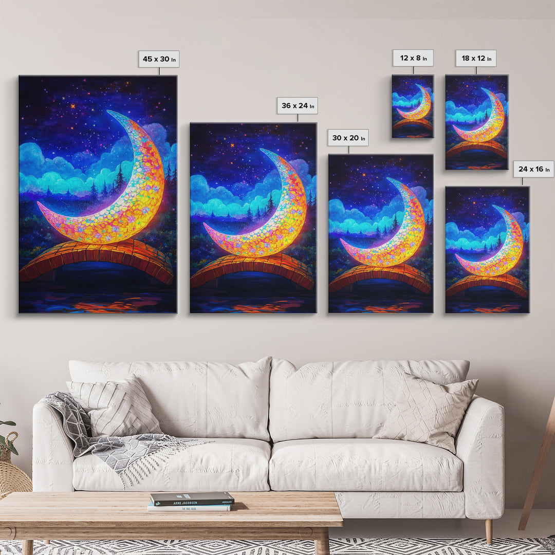 Glowing Crescent Moon Bridge Wall Art, Celestial Canvas Print, Fantasy Nursery Decor, Whimsical Night Sky Art Gift For Kids Room