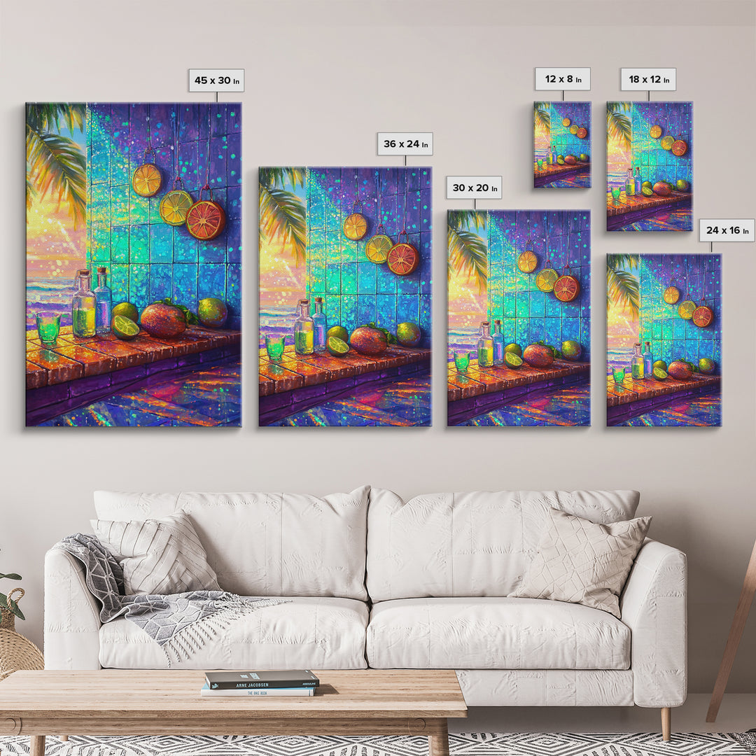 Tropical Citrus Window Still Life Framed Canvas Print, Coastal Kitchen Wall Art, Beach House Decor, Colorful Bar Art Poster