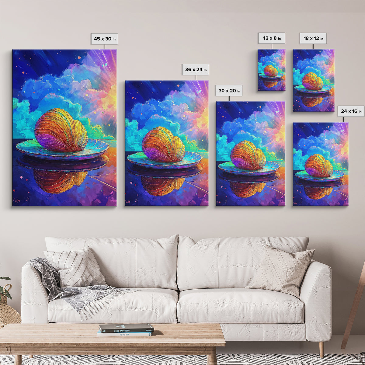 Rainbow Seashell On Reflective Plate Wall Art, Coastal Canvas Print, Ocean Decor, Beach House Gift, Colorful Seascape Art