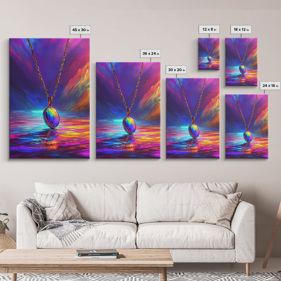 Rainbow Pendant Necklace Over Sunset Sea Framed Canvas Print, Colorful Wall Art, Jewelry Lover Gift, Romantic Ocean Decor
