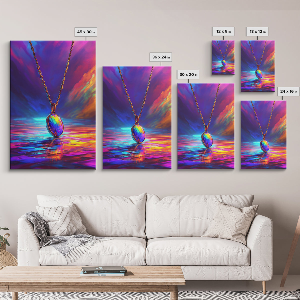 Rainbow Pendant Necklace Over Sunset Sea Framed Canvas Print, Colorful Wall Art, Jewelry Lover Gift, Romantic Ocean Decor