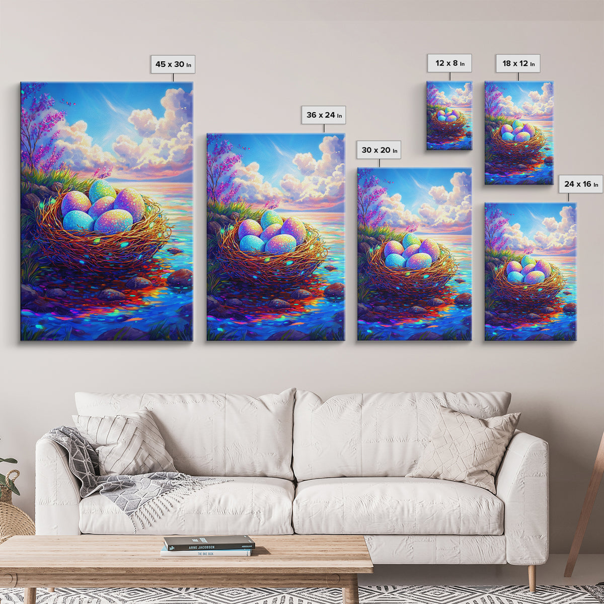 Pastel Eggs In Seaside Nest Wall Art, Colorful Coastal Canvas Print, Easter Nursery Decor, Whimsical Housewarming Gift