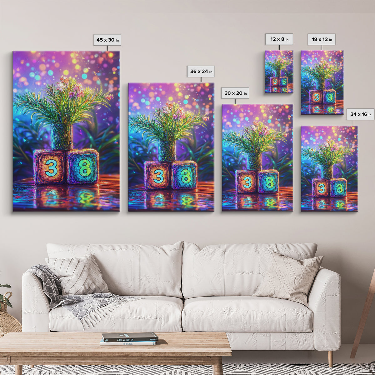 Number Blocks With Blooming Plant Wall Art, Colorful Nursery Canvas Print, Kids Room Decor, Baby Shower Housewarming Gift