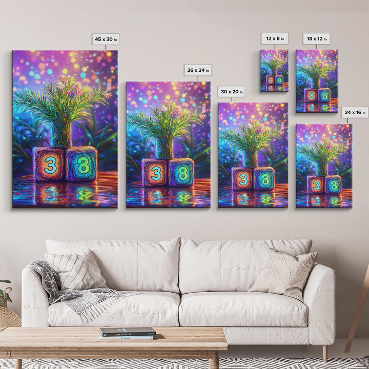 Number Blocks With Blooming Plant Wall Art, Colorful Nursery Canvas Print, Kids Room Decor, Baby Shower Housewarming Gift