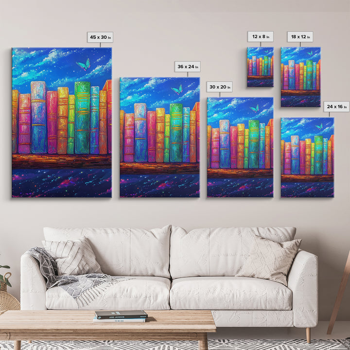 Rainbow Books Under Starry Sky Wall Art, Colorful Library Canvas Print, Book Lover Gift, Reading Nook Home Office Decor Print