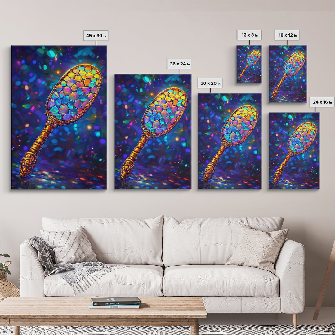 Iridescent Hand Mirror Wall Art, Rainbow Glass Painting, Maximalist Bathroom Decor, Dopamine Decor, Framed Canvas Print, Gift
