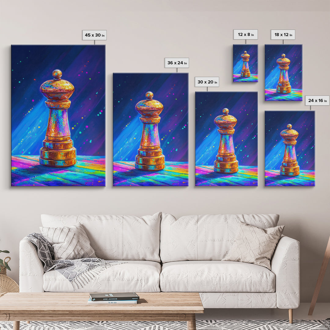 Glowing Rainbow Chess Piece Framed Canvas Print, Game Room Art, Masculine Office Decor, Modern Wall Art, Home Office Decor, Gift For Him
