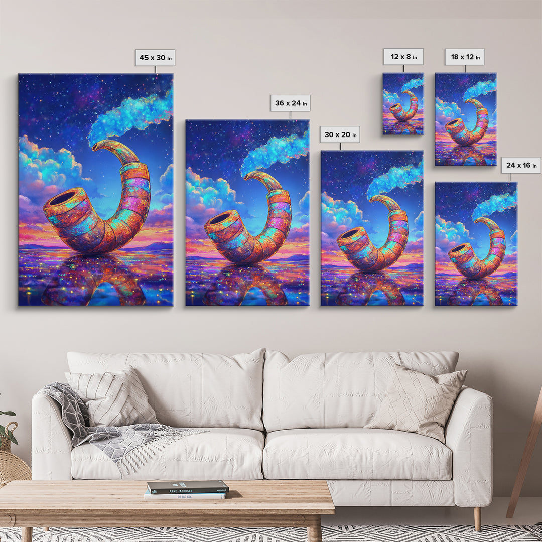 Cosmic Rainbow Smoking Pipe Framed Canvas Print, Surreal Wall Art, Psychedelic Space Decor, Colorful Statement Wall Art