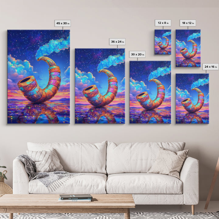 Cosmic Rainbow Smoking Pipe Framed Canvas Print, Surreal Wall Art, Psychedelic Space Decor, Colorful Statement Wall Art