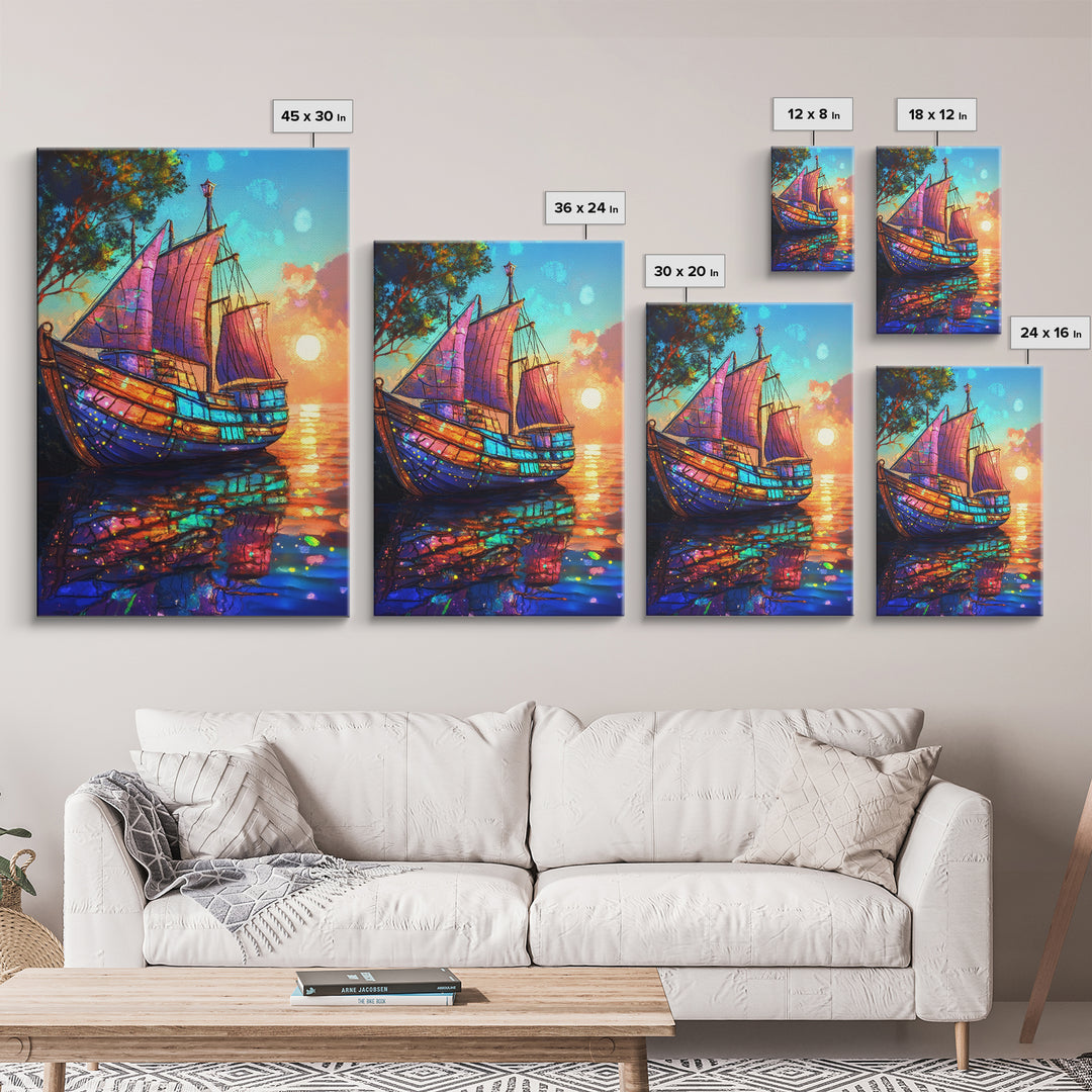 Stained Glass Sailboat At Sunset Canvas Print, Coastal Wall Art, Nautical Decor, Ocean Seascape Living Room Wall Art, Beach House Decor