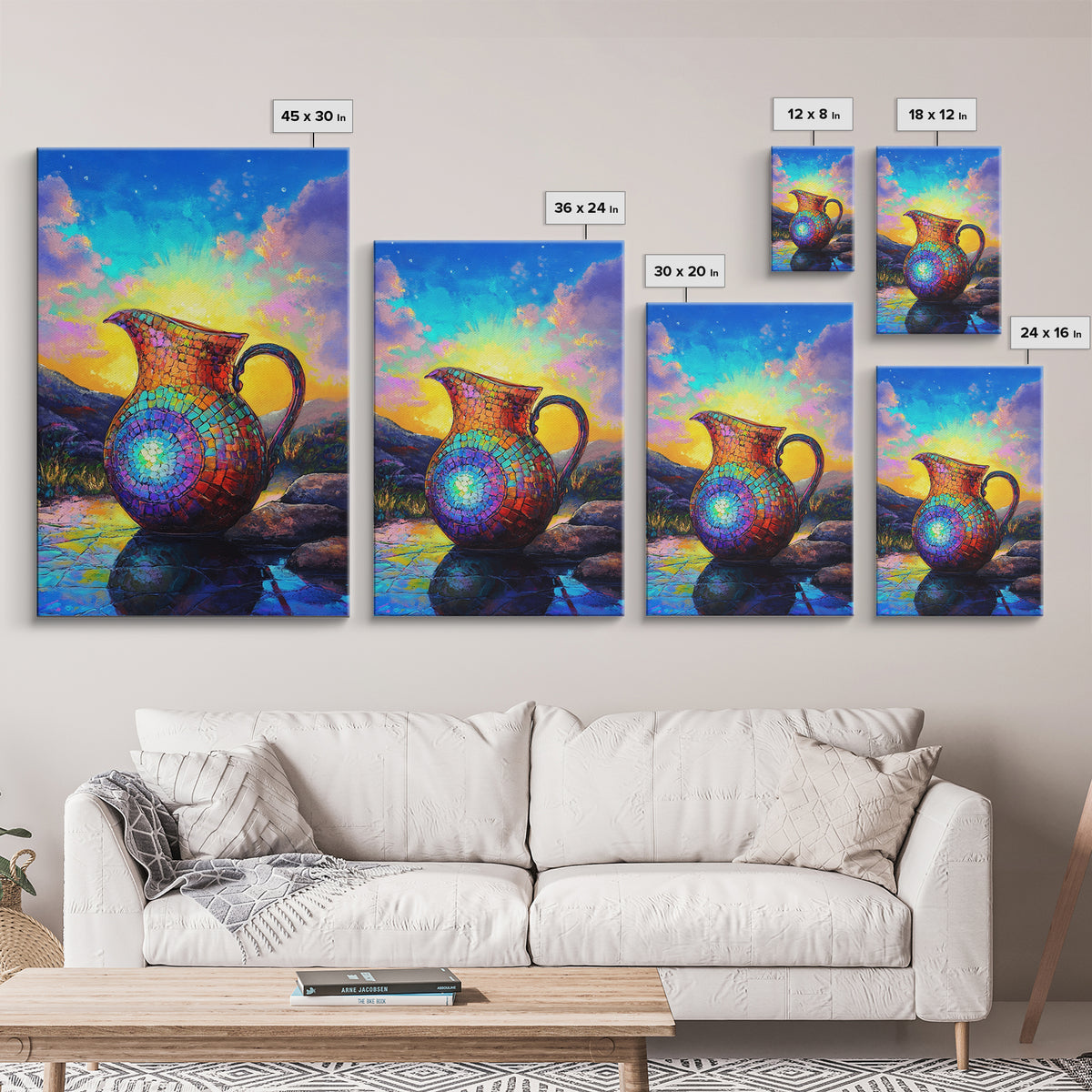 Mosaic Rainbow Pitcher At Sunrise Framed Canvas Print, Colorful Wall Art, Southwestern Decor, Mountain Landscape Painting