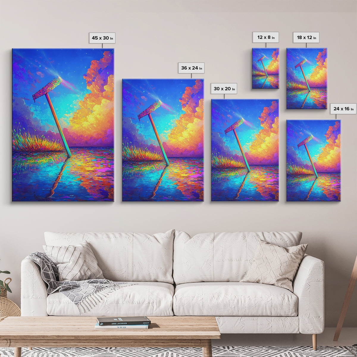 Glowing Rainbow Squeegee In Water Canvas Print, Surreal Wall Art, Dopamine Decor, Colorful Abstract Landscape, Statement Wall Art